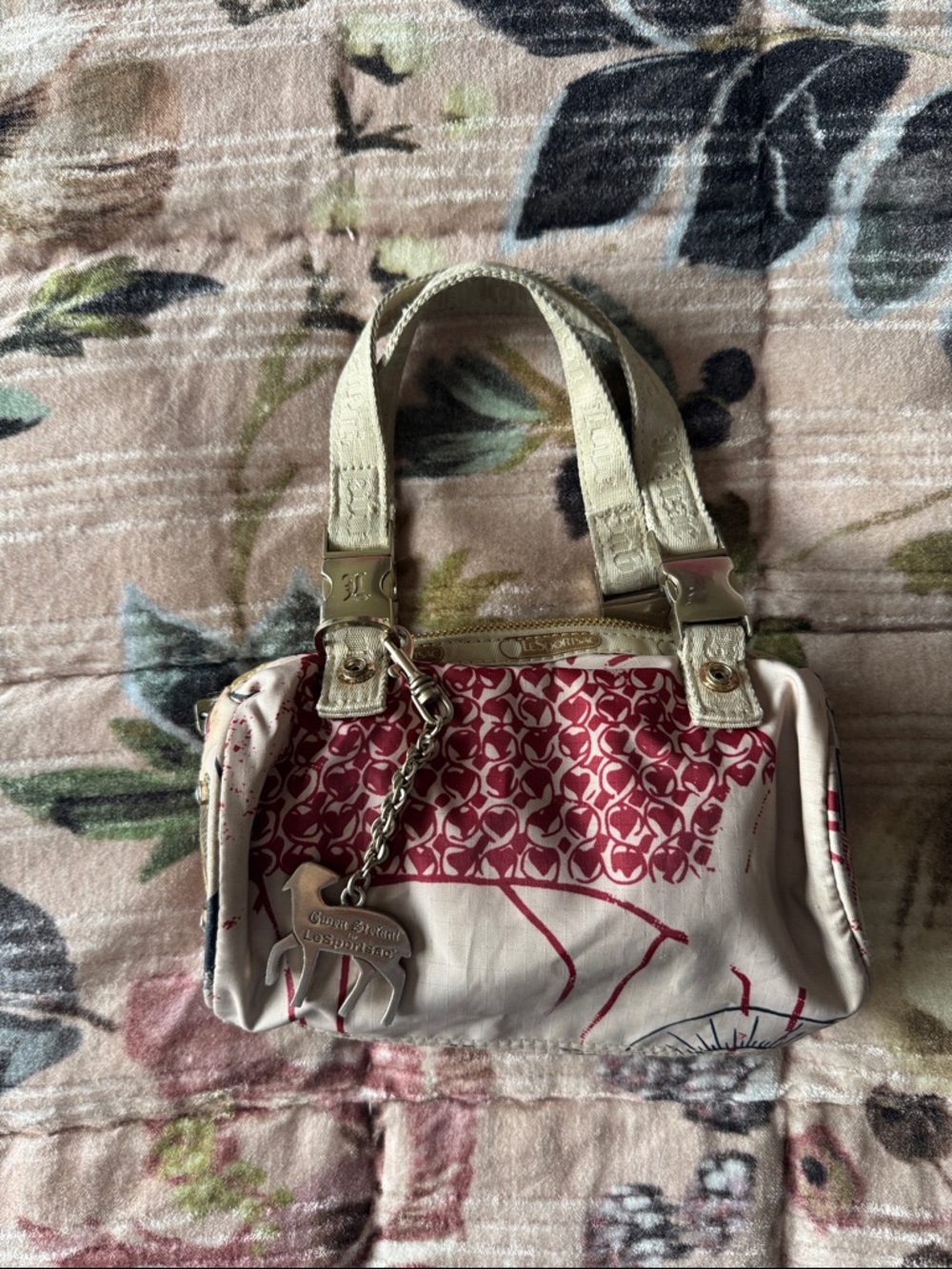 L.A.M.B. Cream and Red Pattern Mini Satchel with Charm